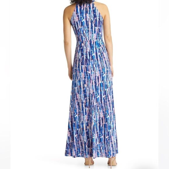 Eliza J Halter Neck Twist Front Blue Printed Maxi Dress Size 4 - Picture 2 of 7